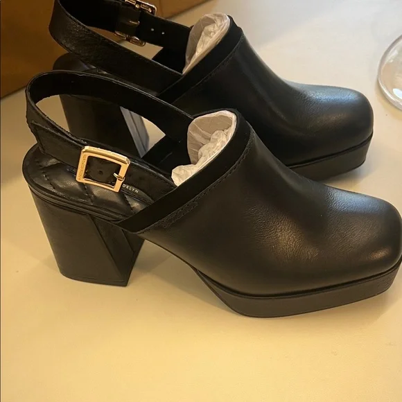 Kelsi Dagger Black Leather Mules with Gold Buckle - Picture 3 of 4